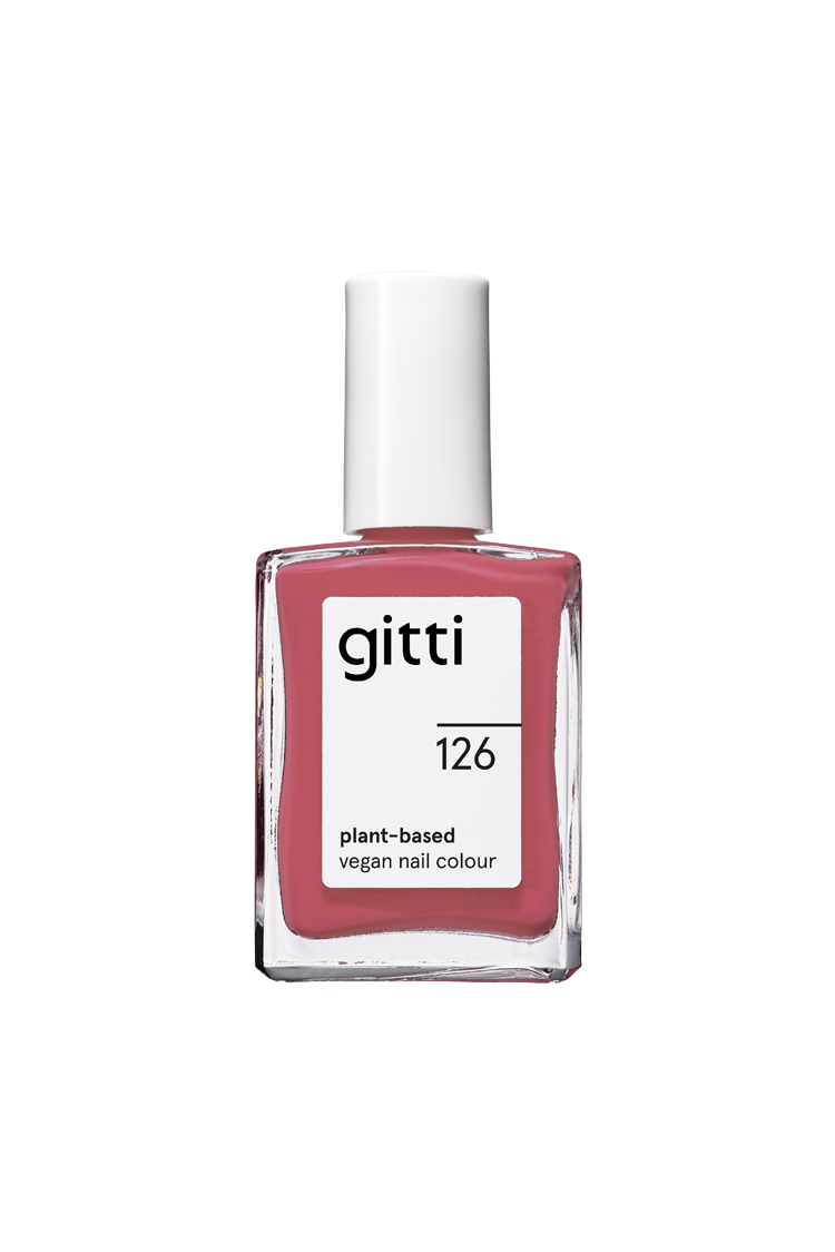 Gitti no. 126 ist eine pflanzliche, vegane Nagelfarbe in einem quadratischen Glasfläschchen mit weißem Verschluss und Etikett in einem sanften Pastellrot (sanftes Rot), das perfekt zu jedem Look passt.
