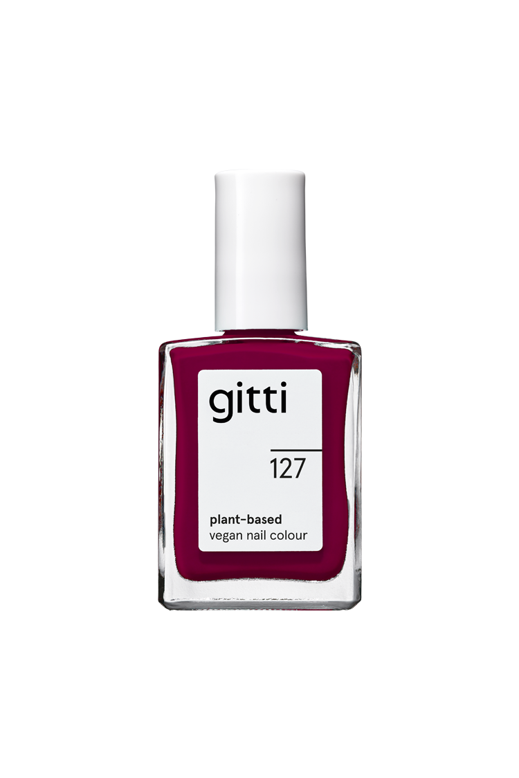 Eine Flasche gitti no. 127 pflanzliche vegane Nagelfarbe hat einen tief burgunderfarbenen beerigen Pflaumenton und wird mit einer weißen Kappe geliefert.