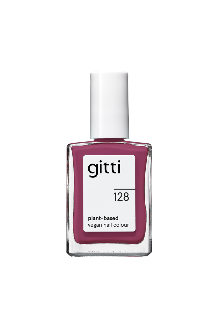 Eine Flasche gitti no. 128 pflanzliche vegane Nagelfarbe mit weißer Kappe und einem pastellfarbenen Lila-Mauve-Ton.