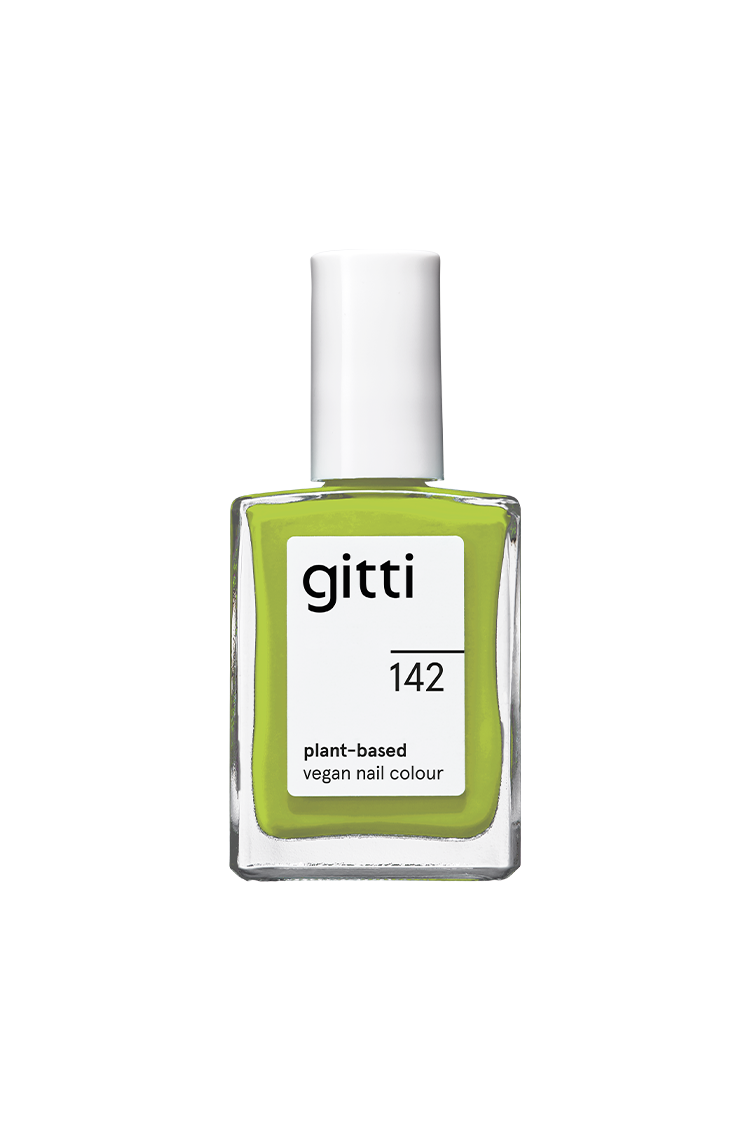 Eine Flasche gitti no. 142 pflanzliche vegane Nagelfarbe in frischem Gelbgrün mit weißer Kappe.
