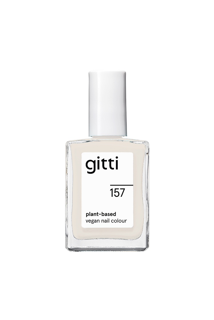 Ein veganer, pflanzenbasierter Nagellack von gitti no. 157 in Creme mit weißem Deckel und klarem, quadratischem Glasflakon.