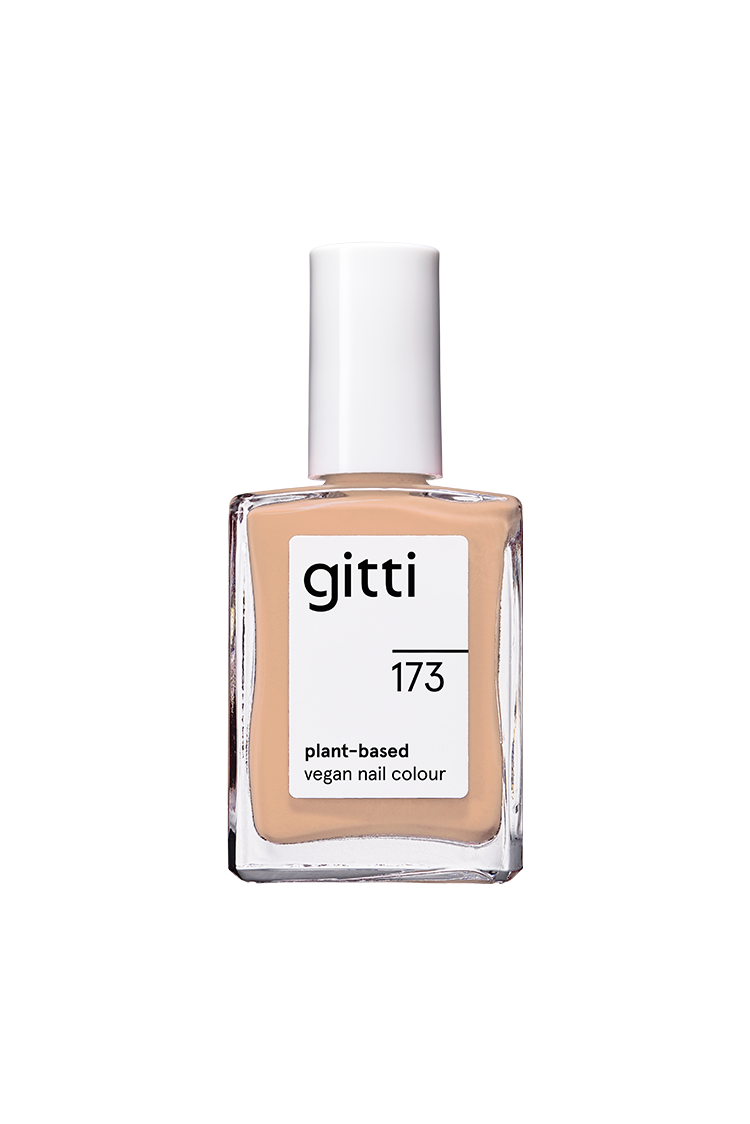 Eine Flasche gitti no. 173, eine pflanzliche vegane Nagelfarbe in einem beige-rosa hellen Apricot-Ton mit warmen Untertönen und einer weißen Kappe.