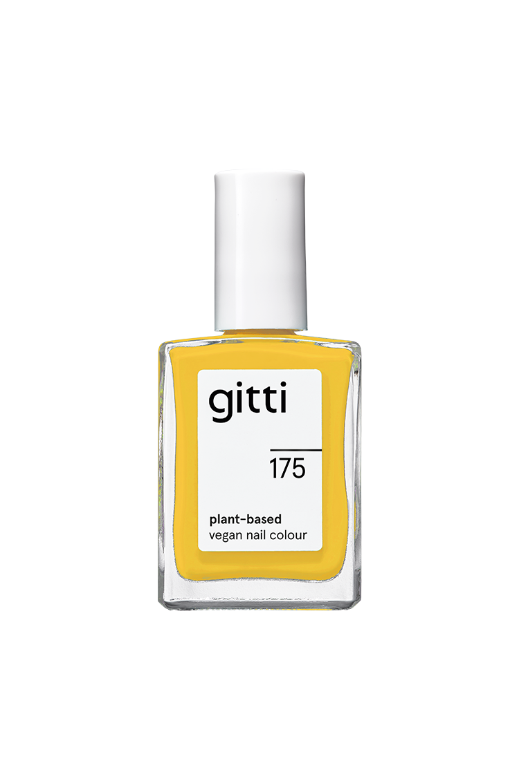 Eine Klarglasflasche mit gitti no. 175 pflanzliche vegane Nagelfarbe in leuchtendes Gelb mit weißem Verschluss.