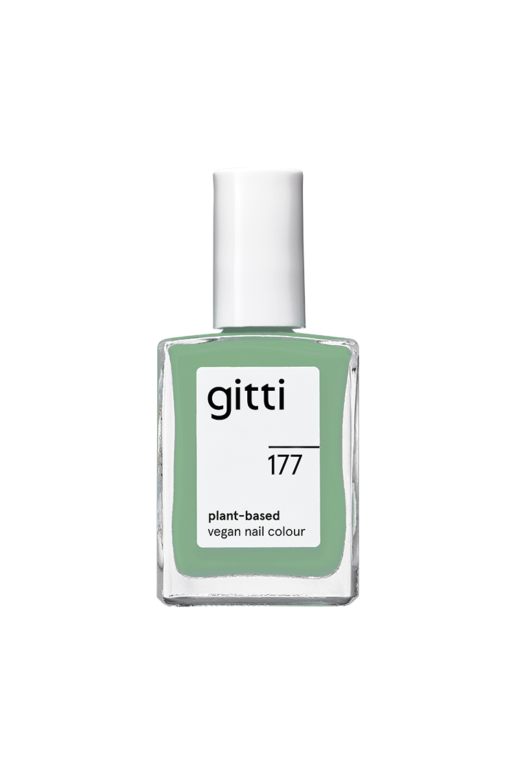 Eine Flasche gitti no. 177 pflanzlicher veganer Nagellack in einem zarten Jadegrünton mit weißer Kappe.