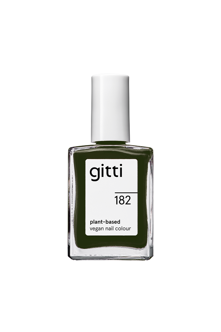 Eine Klarglasflasche von gitti no. 182 pflanzliche, vegane Nagelfarbe mit weißer Kappe, die dunklen Tannengrün-Lack enthält.