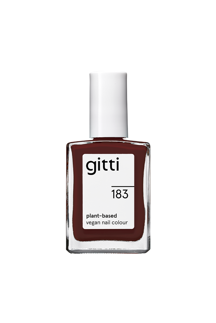 Eine Flasche gitti no. 183 pflanzlicher, veganer Nagellack mit weißer Kappe und einem tiefen Beerenrot für einen eleganten Look.