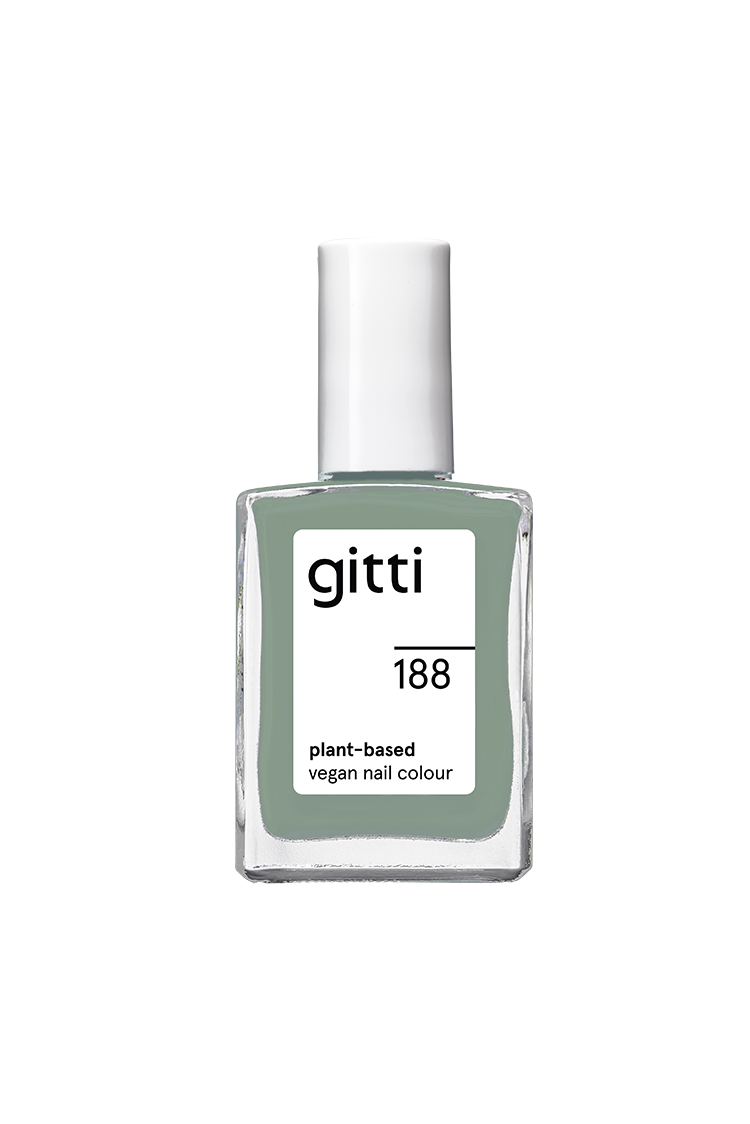 Eine Flasche gitti no. 188 pflanzliche vegane Nagelfarbe mit weißem Verschluss und rechteckigem Glasbehälter mit grünem Lack im Inneren.