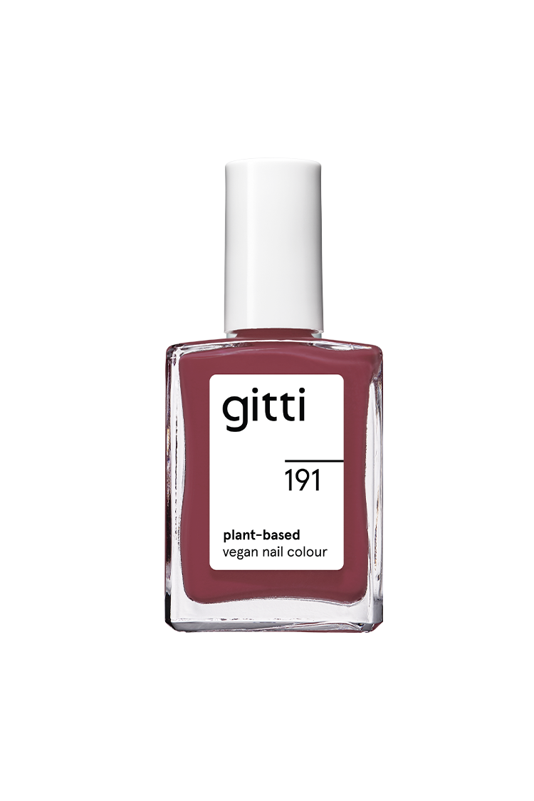 Eine Flasche gitti no. 191 pflanzlicher veganer Nagellack in gedecktem Rot Beerenrosa, mit einer rechteckigen Glasflasche und weißer Kappe.