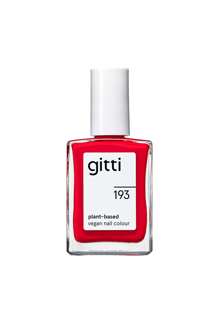 Eine Flasche gitti no. 193 pflanzlicher veganer Nagellack in einem leuchtenden Rotton mit weißer Kappe.
