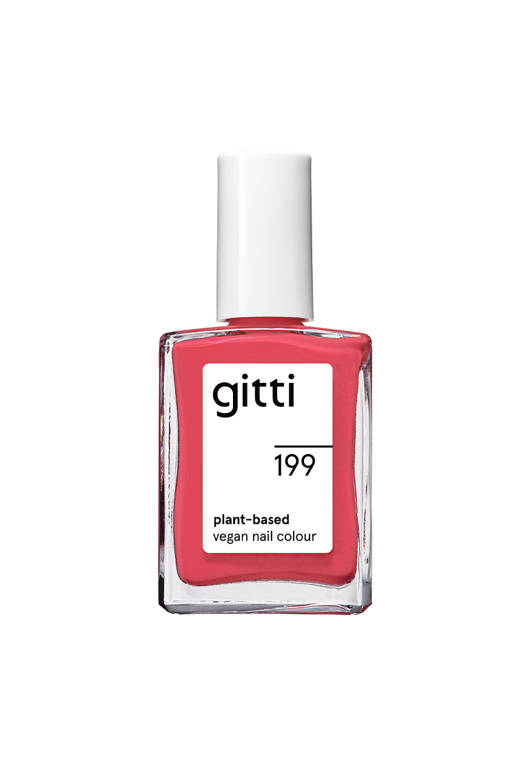 Gitti no. 199 ist eine vegane Nagelfarbe auf pflanzlicher Basis in einer schicken Mischung aus Rot und Rosa, die in einer quadratischen Glasflasche mit weißem Verschluss präsentiert wird.