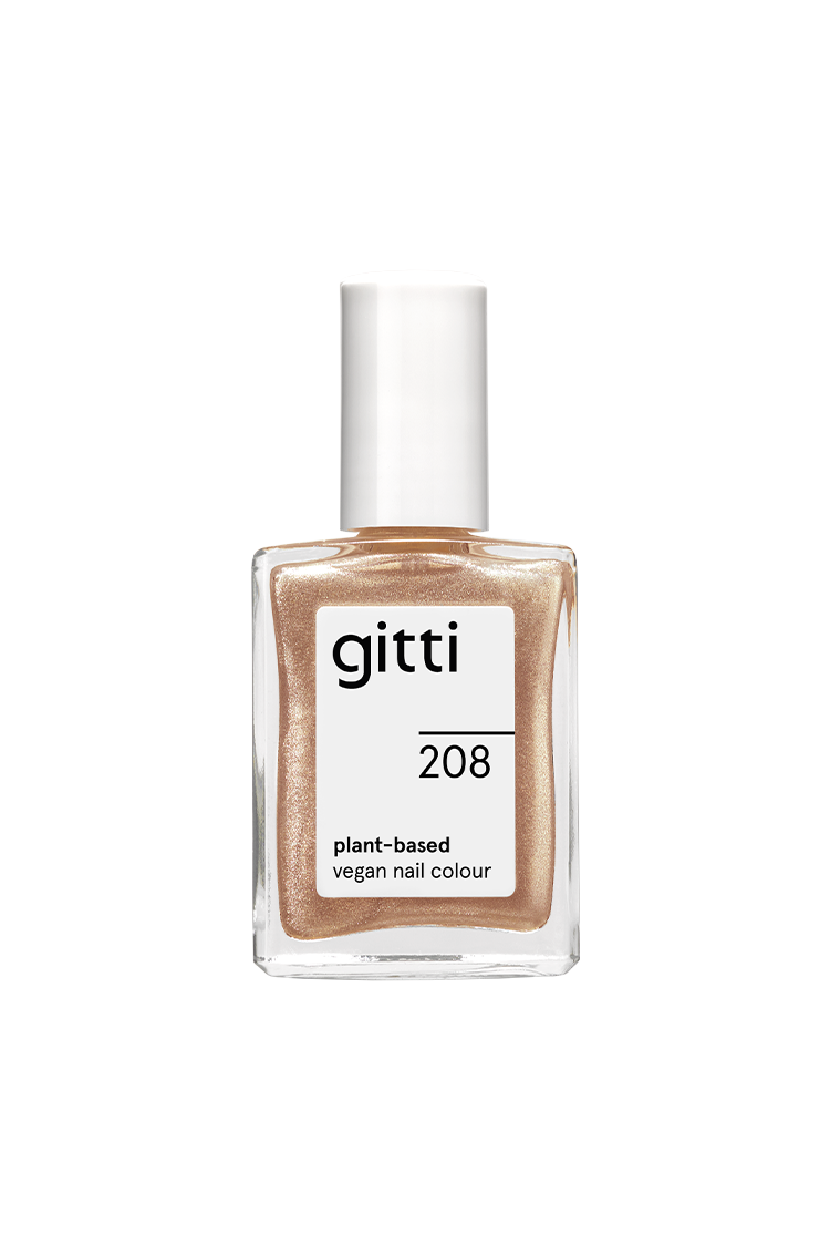 Eine klare Glasflasche mit gitti no. 208 pflanzliche vegane Nagelfarbe in einem schimmernden Gold-Champagner-Ton mit weißem Verschluss und Etikett.
