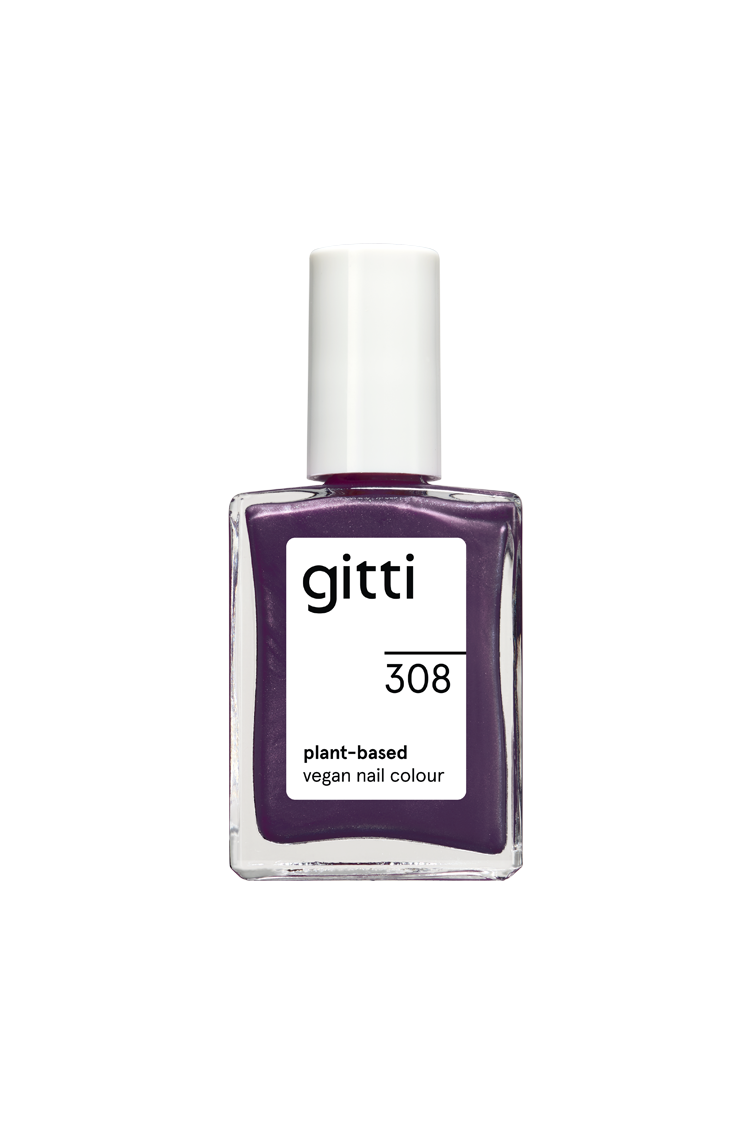 Eine Klarglasflasche mit gitti no. 308 pflanzliche vegane Nagelfarbe in Violettton, mit weißem Etikett und Verschluss, gefüllt mit dunkelviolettem Lack mit dezentem Metallic-Schimmer.