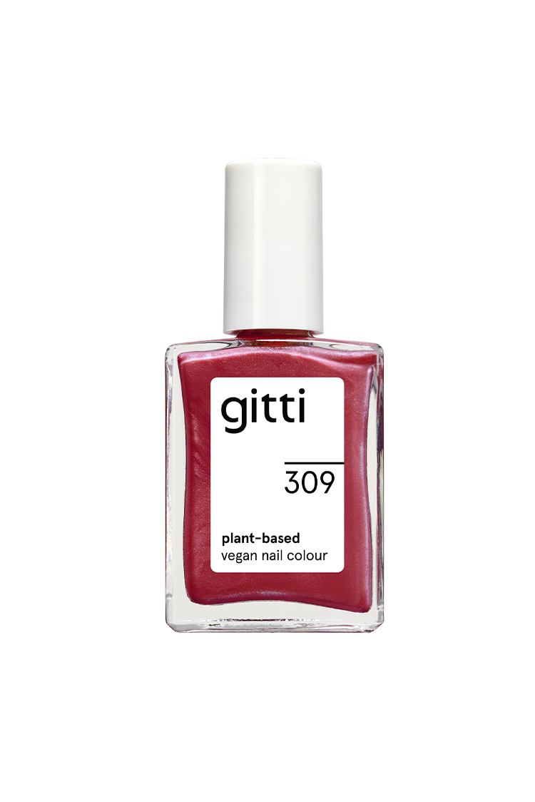 Eine Flasche von gitti no. 309, eine vegane Nagelfarbe auf pflanzlicher Basis, wird in einem rechteckigen Glasbehälter mit weißem Deckel geliefert und ist mit tiefem rötlich-rosa Lack gefüllt.