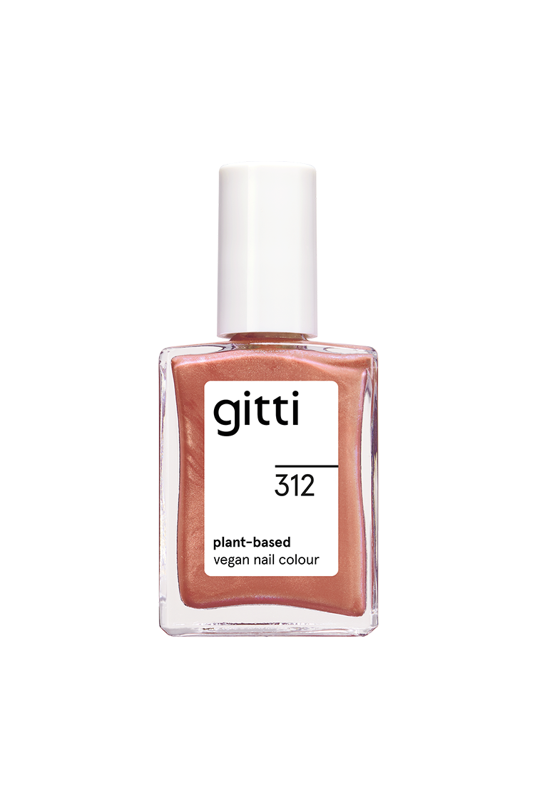 Eine Flasche gitti no. 312, eine vegane Nagelfarbe auf pflanzlicher Basis mit weißer Kappe und warmem Apricot-Metallic-Roségold-Lack im Inneren.