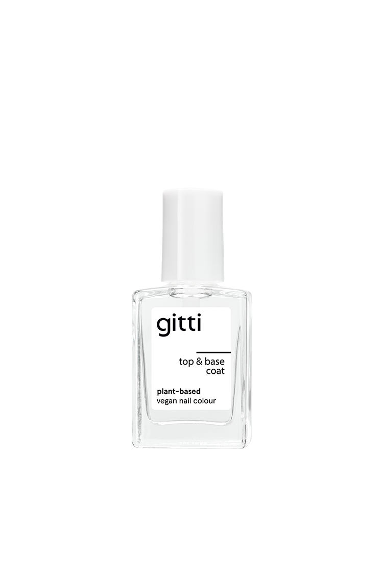 Der Mini Plant-based Top & Base Coat hat eine klare Flasche mit weißem Verschluss, eine vegane Formel und extra viel Halt. Er wird im Miniformat auf einem schlichten weißen Hintergrund präsentiert.