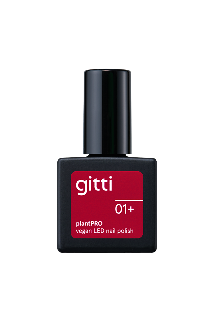 Eine Flasche gitti no. 01+ plantPRO vegan LED-Nagellack hat eine schwarze Kappe, ein rotes Etikett auf der Vorderseite und zeigt einen intensiv roten Farbton.