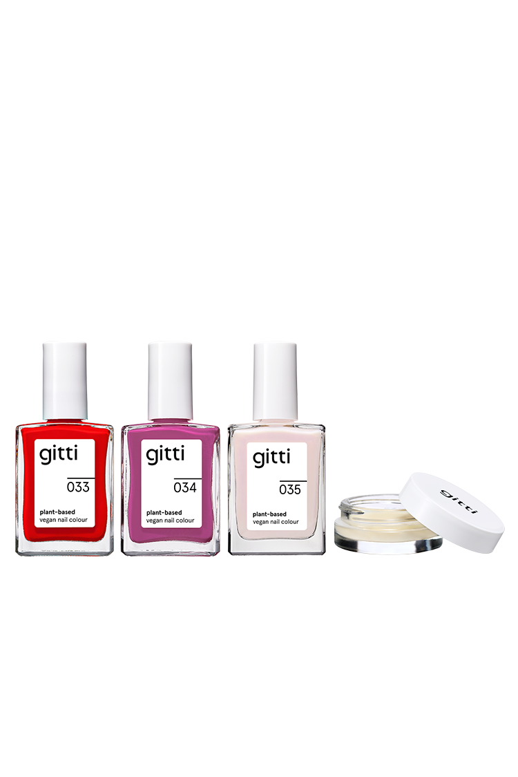 Das Plant Trio + Remover Balm enthält drei Flaschen mit pflanzlichem Lack in den Farben Rot, Magenta und Blassrosa sowie einen kleinen runden Behälter mit weißem Deckel, der cremigen Remover Balm enthält.