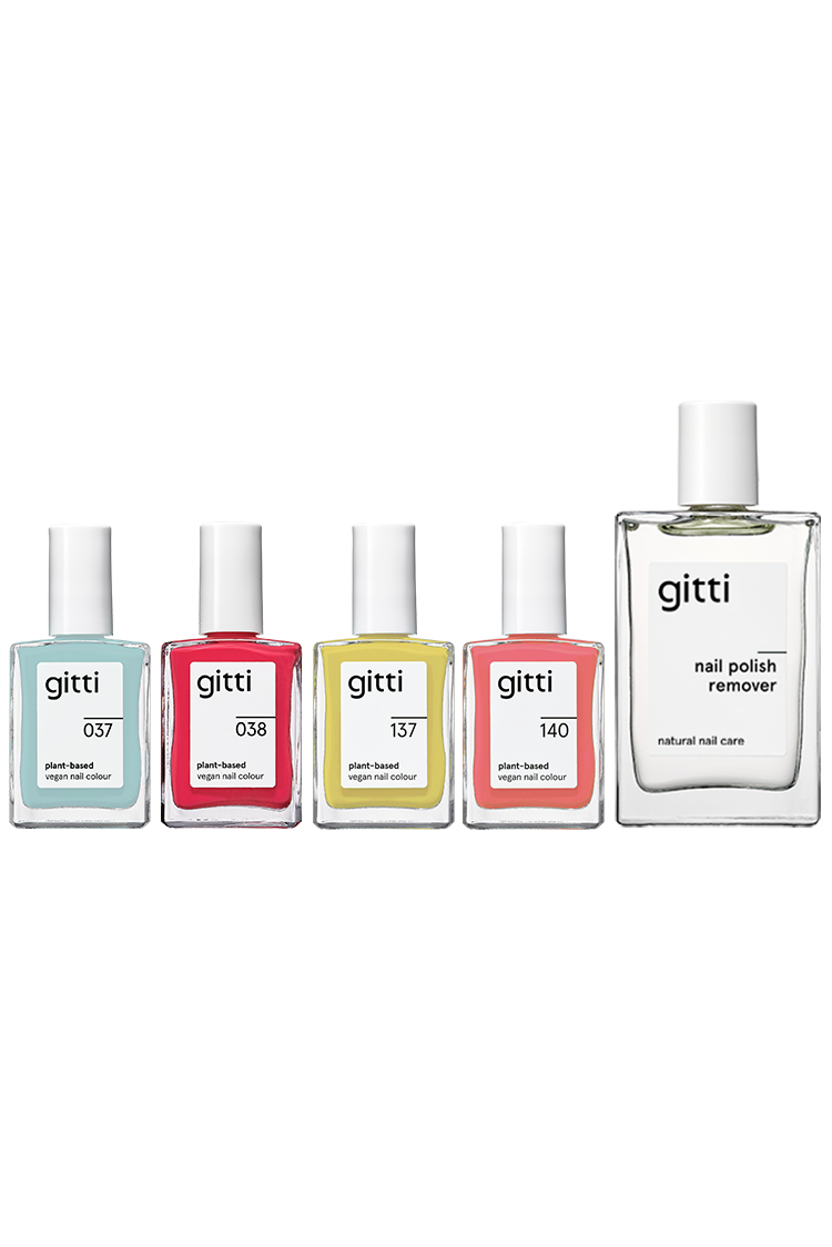 Das Set Plant Collection + Remover enthält vier farbige Nagellacke auf pflanzlicher Basis und eine Remover-Flasche und bietet damit ein komplettes Lineup für Ihre Nagelpflege.