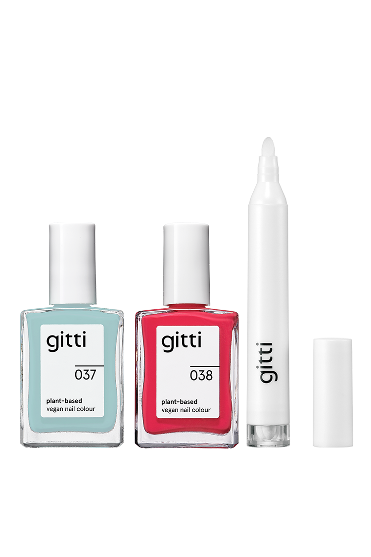 Das Plant Duo + Corrector Pen enthält zwei vegane Nagelfarben auf Pflanzenbasis - Hellblau (037) und Rot (038) - sowie einen weißen Corrector Pen mit abnehmbarer Kappe.
