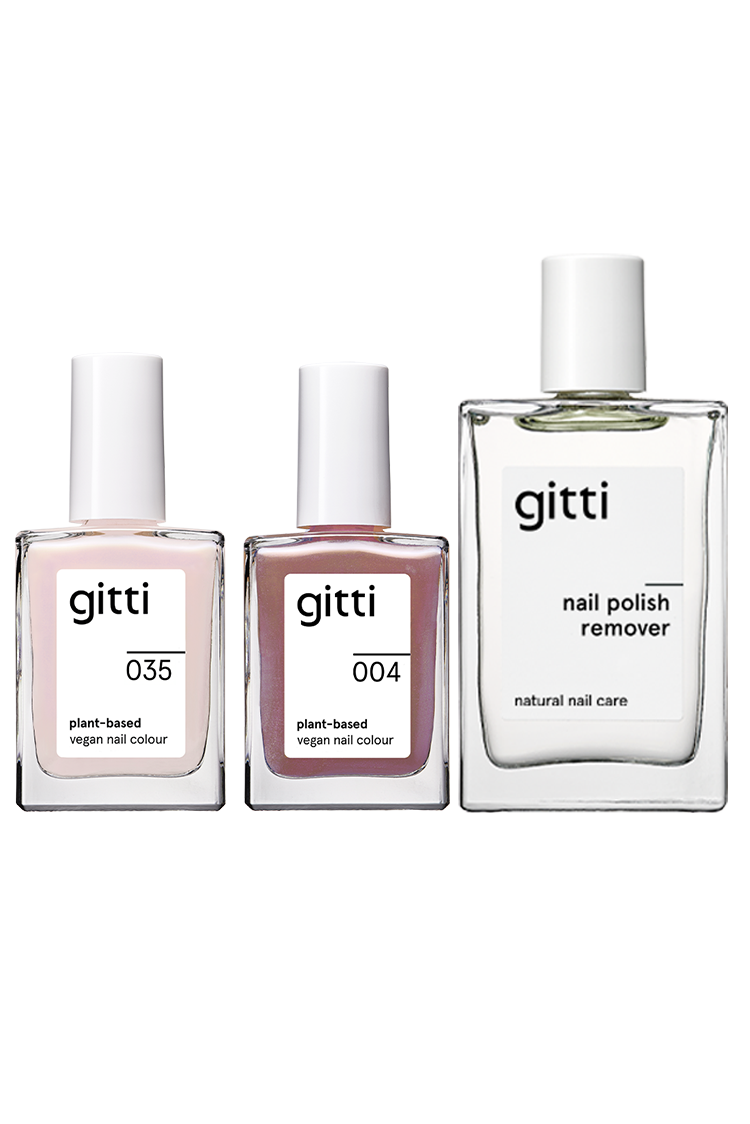 Das Plant Duo + Remover enthält zwei vegane Nagelfarben auf Pflanzenbasis (Farbtöne 035 und 004) und einen Remover für die natürliche Nagelpflege.