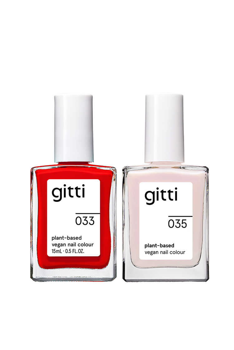 Das Plant Duo enthält zwei vegane Nagellacke auf pflanzlicher Basis aus dem Farben-Set von gitti: einen roten (033) und einen hellrosa (035), beide mit weißen Kappen - ideal zum Kombinieren mit Ihren Lieblings-Top- & Base-Coats.