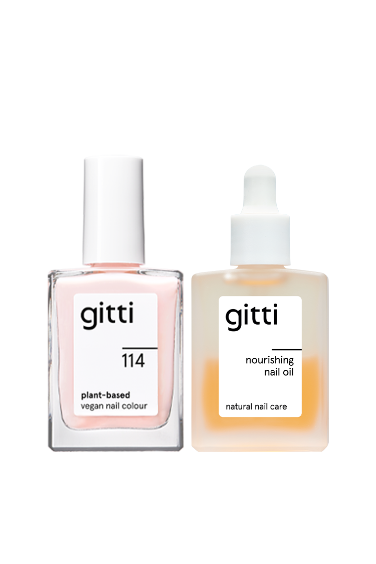 Das Minimalist Manicure Set enthält einen pflanzlichen, veganen Nagellack in der Farbe 114 und ein pflegendes Nagelöl mit Tropfer, beide für die natürliche Nagelpflege.