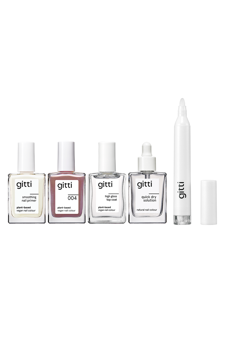 Perfect Finish Set Inhalt: Nail Primer, Nagellack Farbe, High Gloss Top Coat, Quick Dry Solution und Corrector Pen