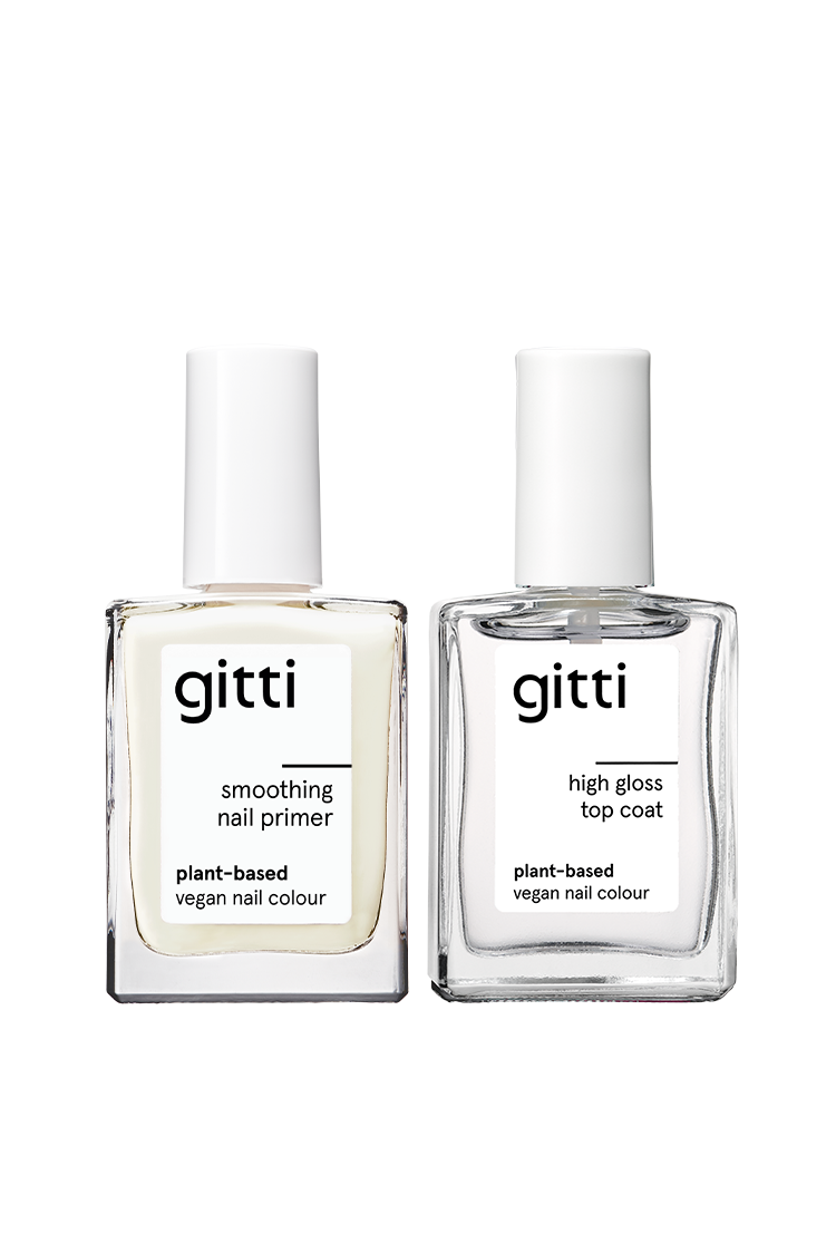 Das Infinite Gloss Duo enthält einen Smoothing Nail Primer und einen High Gloss Top Coat, beides pflanzliche, vegane Nagelfarben.