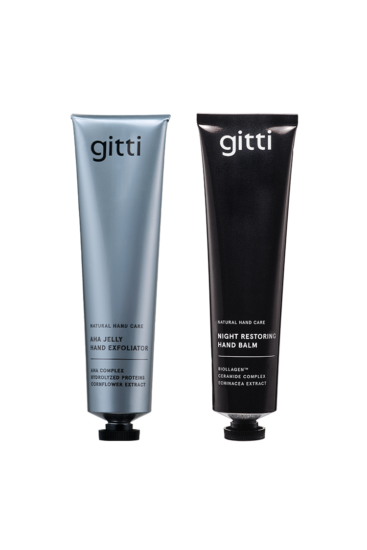 Das Silky Hands Duo enthält zwei gitti Handpflegeprodukte: das AHA Jelly Handpeeling in einer metallicblauen Tube und die Night Restoring Handcreme in Schwarz, beide aufrecht stehend abgebildet.
