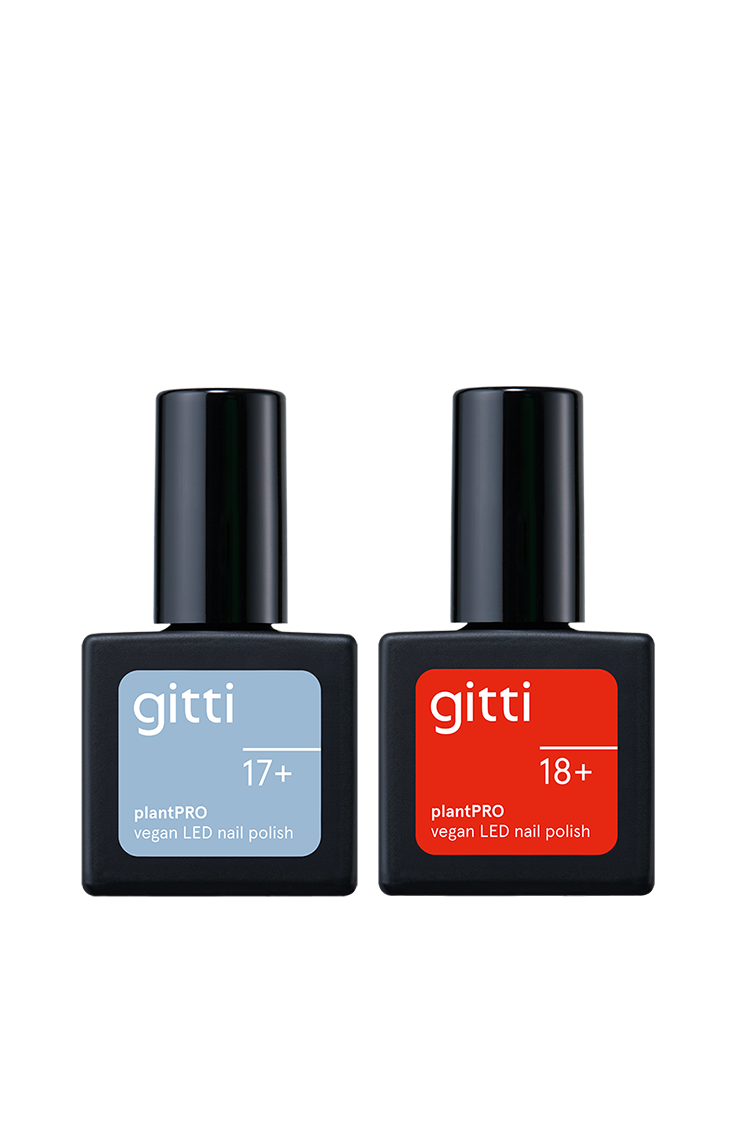 Das PRO Colour Duo enthält zwei gitti plantPRO vegane LED-Nagellacke - einen blauen (17+) und einen roten (18+). Kombinieren Sie ihn mit Ihrem Lieblings-Top Coat für ein leuchtendes, lang anhaltendes Finish.