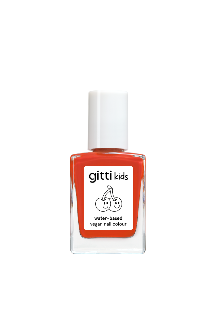 Eine Flasche gitti kids no. 02 in Orange mit weißem Verschluss und einer Kirsche auf dem Etikett.