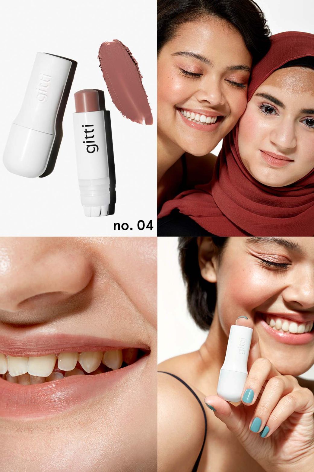 Ein Nails + Lips in Sync Set, eine Farbprobe, zwei lächelnde Frauen, eine Nahaufnahme von Lippen, die die Farbe tragen, und eine Frau, die das Produkt hält und ihr perfektes Lip Sync Lächeln zeigt.