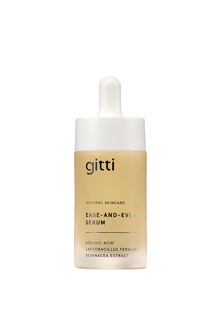 Ein Fläschchen des Ease-and-Even-Serums mit Tropfverschluss, das Azelainsäure, Lactobacillus-Ferment und Echinacea-Extrakt enthält - formuliert, um die Talgproduktion zu unterstützen und Hautunreinheiten sichtbar zu reduzieren.