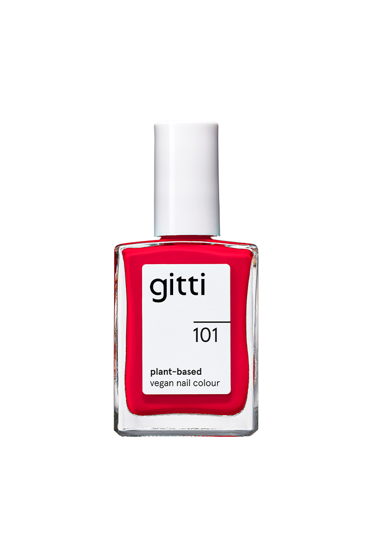 Eine Flasche gitti no. 101 pflanzliche vegane Nagelfarbe in leuchtendes Feuerrot mit weißer Kappe und Etikett.