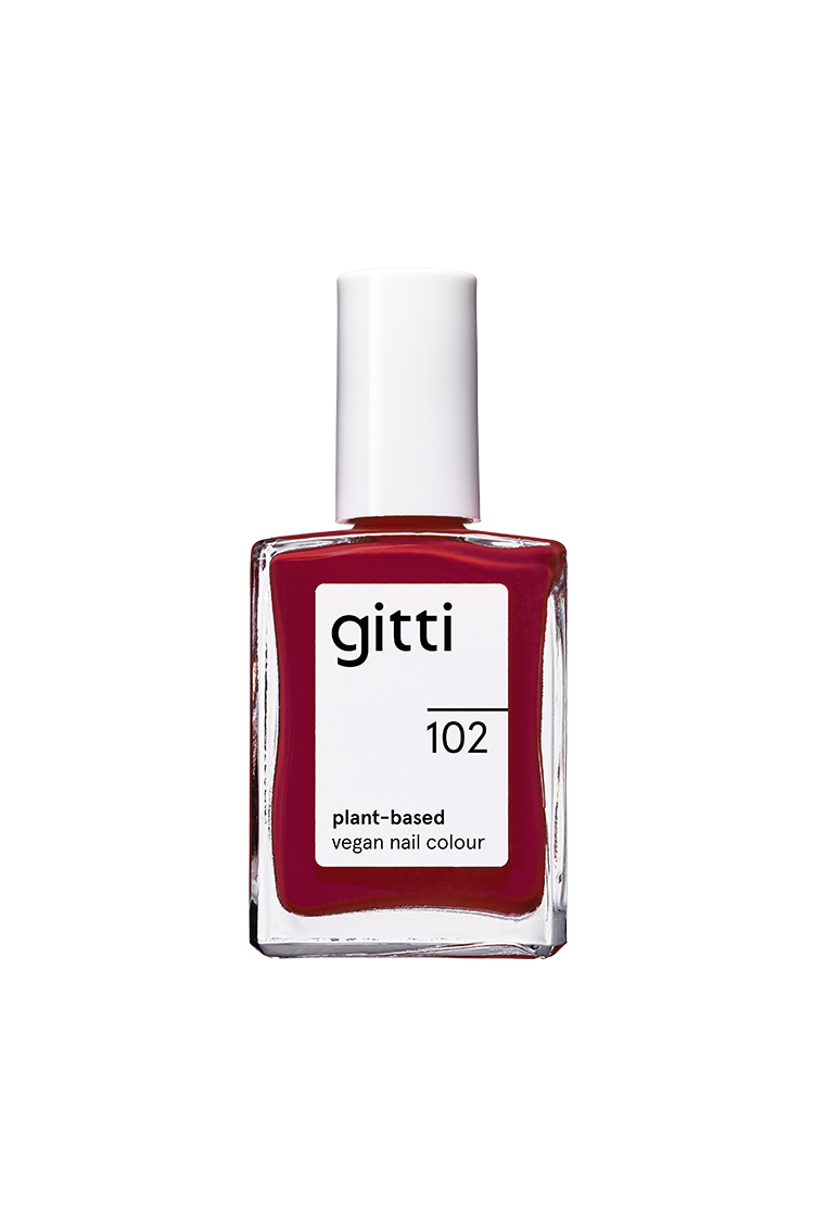 Eine Flasche gitti no. 102 pflanzliche vegane Nagelfarbe, Farbton Rotwein, mit weißer Kappe und tiefrotem Lack.