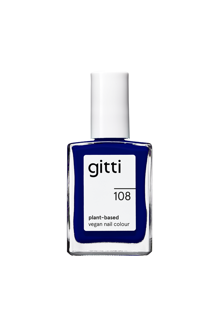 Eine Flasche gitti no. 108, eine vegane Nagelfarbe auf pflanzlicher Basis in einem intensiven Mitternachtsblau mit einer weißen, rechteckigen Kappe.