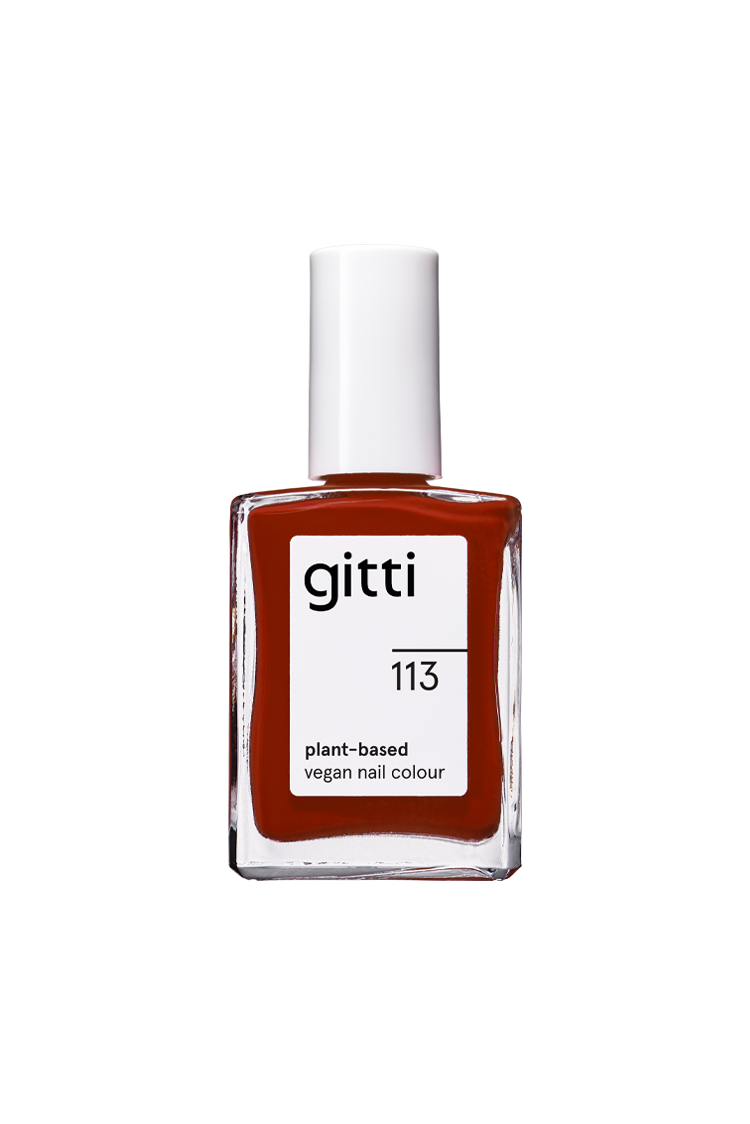 Eine Flasche von gitti no. 113, ein pflanzlicher, veganer Nagellack in der Farbe 113, hat eine dunkle, rötlich-braune Farbe und wird mit einer weißen, rechteckigen Kappe geliefert.