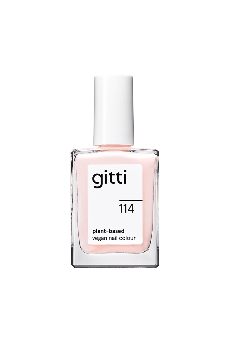 Eine Flasche gitti no. 114 pflanzlicher veganer Nagellack in halbtransparentem Blassrosa mit weißer Kappe und minimalistischem Etikett.