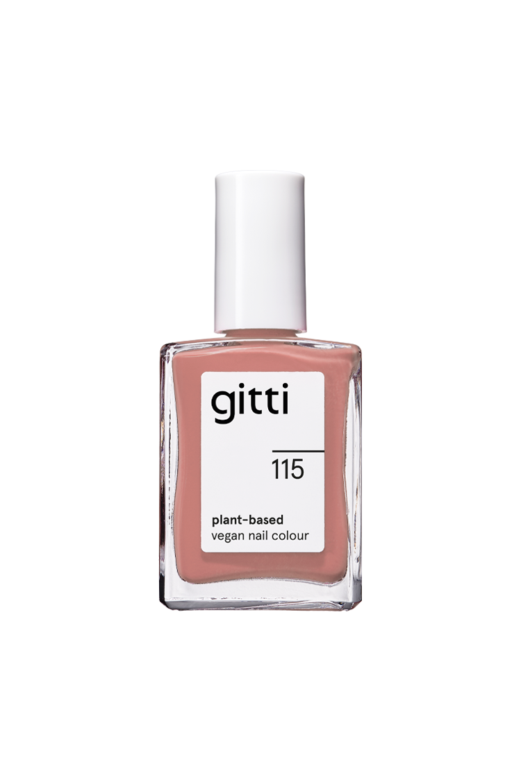 Eine Flasche von gitti no. 115, eine vegane Nagelfarbe auf pflanzlicher Basis in der Farbe Beige-Braun, wird mit einer weißen Kappe und einem rechteckigen Glasbehälter geliefert.