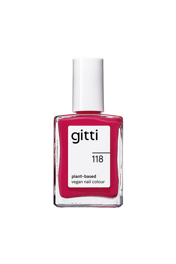 Eine Klarglasflasche von gitti no. 118, einer pflanzlichen veganen Nagelfarbe in leuchtendem Himbeerrot (sattes Rot Himbeerrot), mit weißem Verschluss und rechteckigem Etikett.