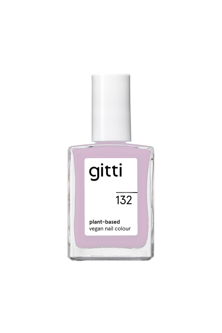 Eine Flasche gitti no. 132 pflanzliche, vegane Nagelfarbe in einem pastellfarbenen Lila-Ton mit weißer Kappe.