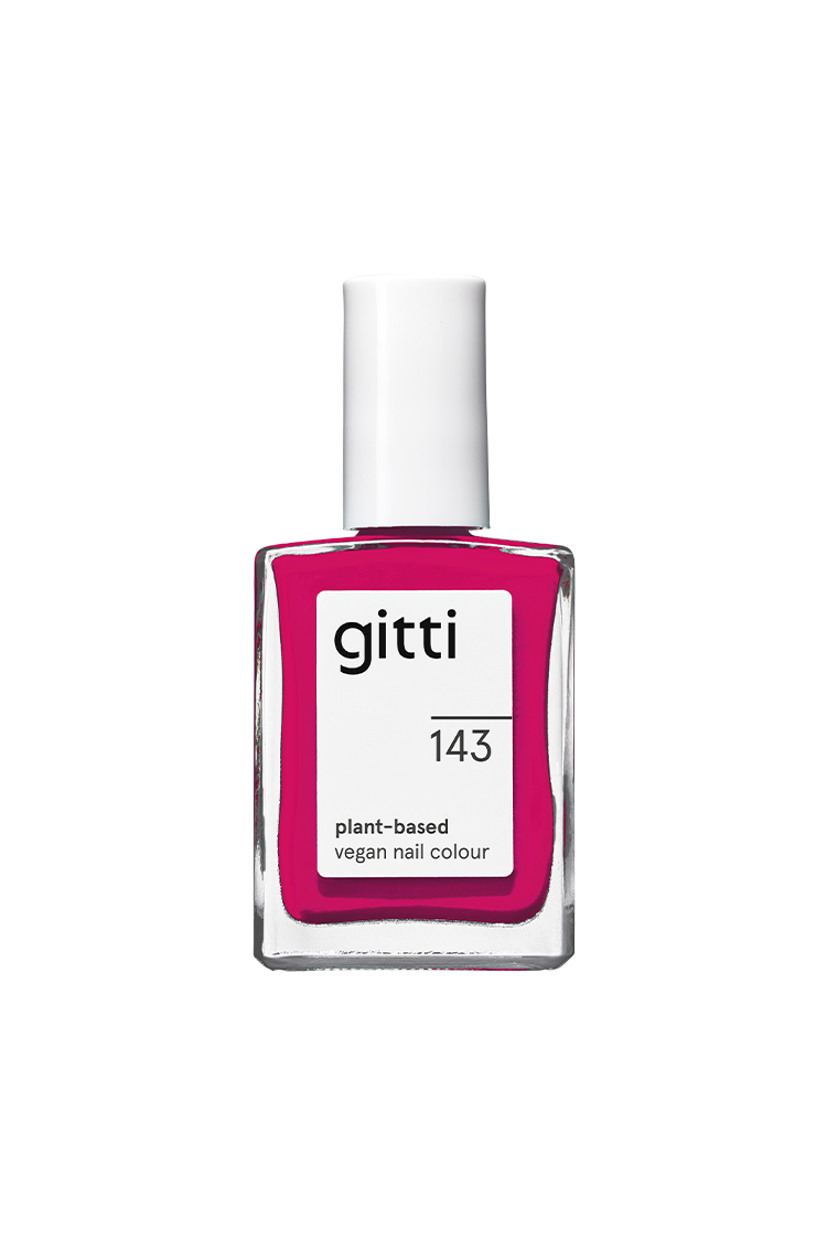Eine Flasche gitti no. 143 pflanzlicher, veganer Nagellack mit weißer Kappe und leuchtend rosa Farbton.