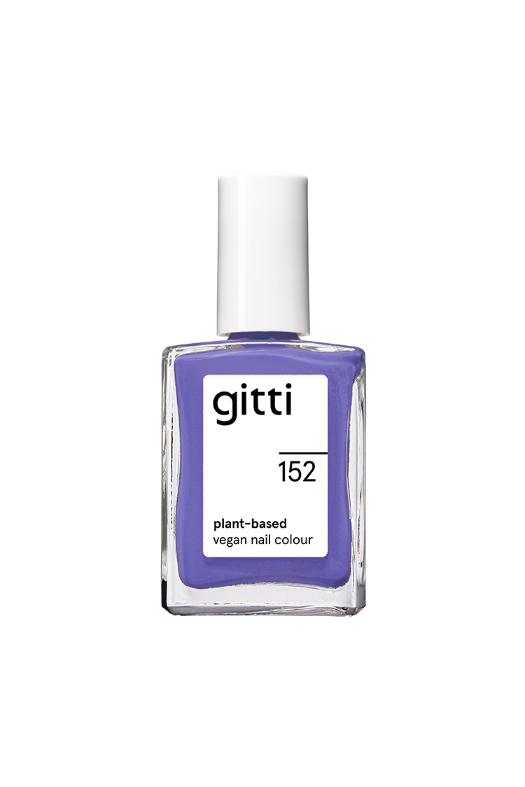 Eine Flasche gitti no. 152 pflanzliche, vegane Nagelfarbe, inspiriert von Pantones Farbe des Jahres 2022 - ein bläuliches Violett - mit einer weißen Kappe.