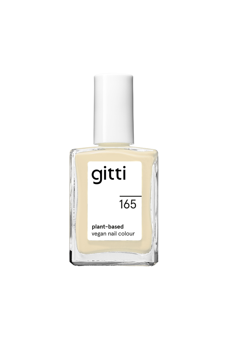 Eine Flasche gitti no. 165 pflanzliche vegane Nagelfarbe mit gelben Untertönen und einem hellen Cremeton, mit einer weißen Kappe und einer rechteckigen Glasflasche.