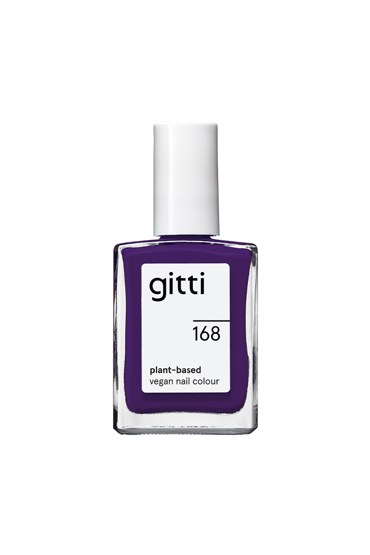 Eine quadratische Glasflasche mit gitti no. 168 vegane Nagelfarbe auf Pflanzenbasis in der Farbe darkles Lila, mit weißem Verschluss und weißem Etikett mit schwarzem Text.