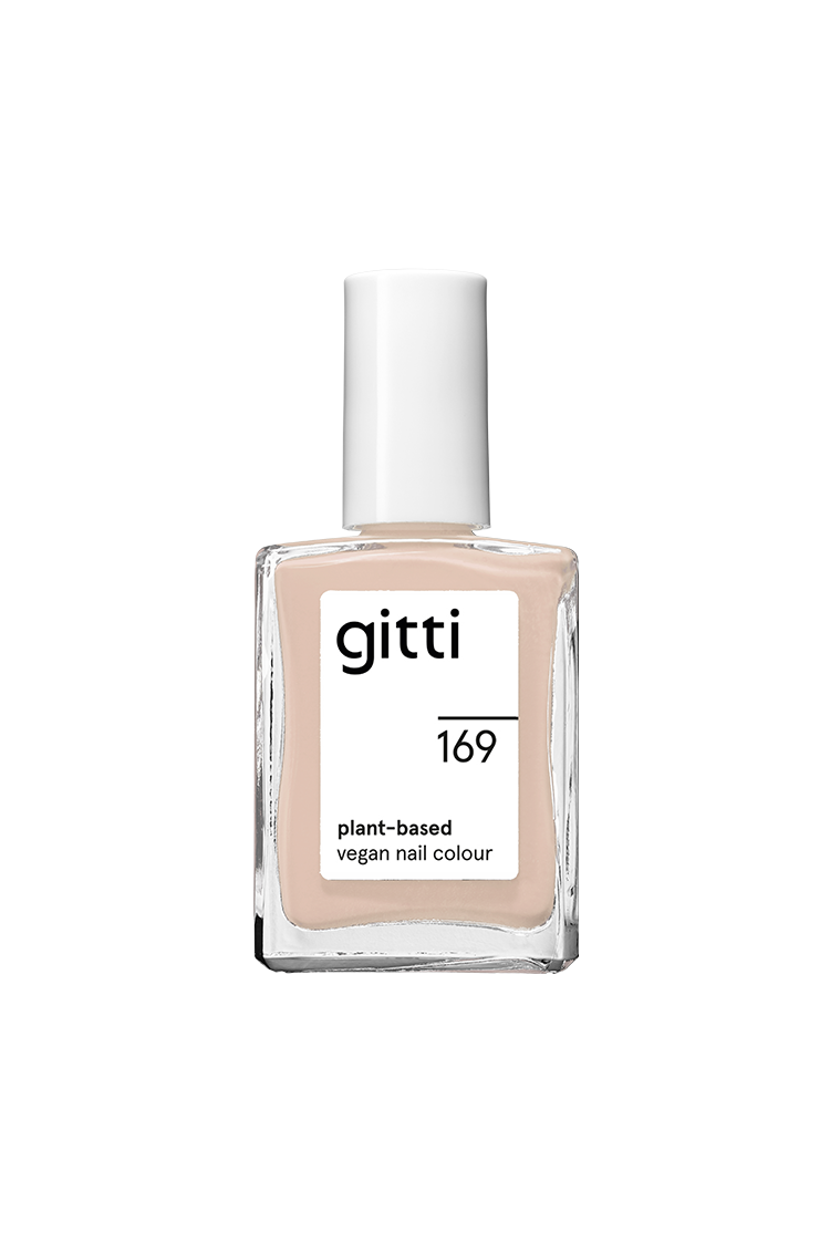 Eine Klarglasflasche mit gitti no. 169 pflanzlicher veganer Nagelfarbe im Farbton Roséton mit weißem rechteckigen Etikett und weißem Verschluss.