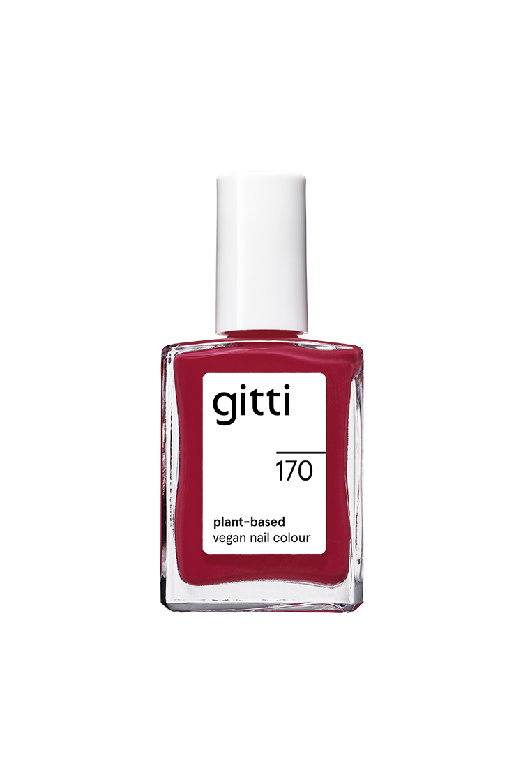 Eine Flasche gitti no. 170, ein pflanzlicher, veganer Nagellack mit weißer Kappe und tiefem Magenta-Rot, perfekt für Fans von gedeckten Farben.