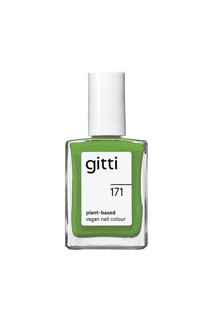 Eine Flasche gitti no. 171 pflanzliche vegane Nagelfarbe in frischem Grasgrün mit weißer Kappe.