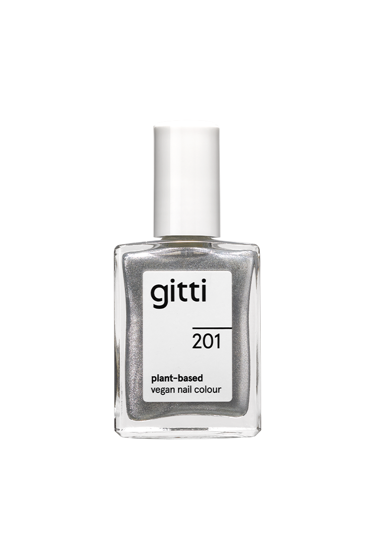 Eine Flasche gitti no. 201 pflanzliche vegane Nagelfarbe in einem kühlen silbernen Metallic-Ton mit weißer Kappe.