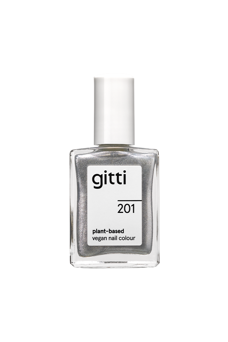 Eine Flasche gitti no. 201 pflanzliche vegane Nagelfarbe in einem kühlen silbernen Metallic-Ton mit weißer Kappe.